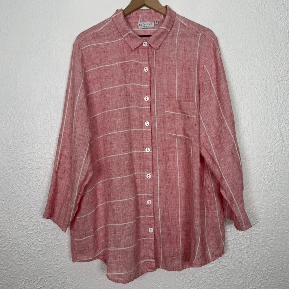 Habitat Women's Striped Linen Long Sleeve Button Down Shirt Lagenlook Size XL